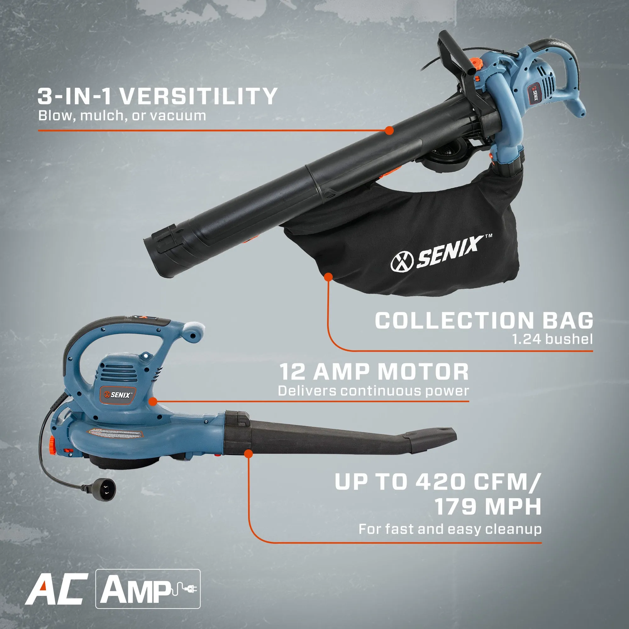 12 Amp Corded Electric 3-in-1 Leaf Blower, Vacuum and Mulcher, BLVE12-M