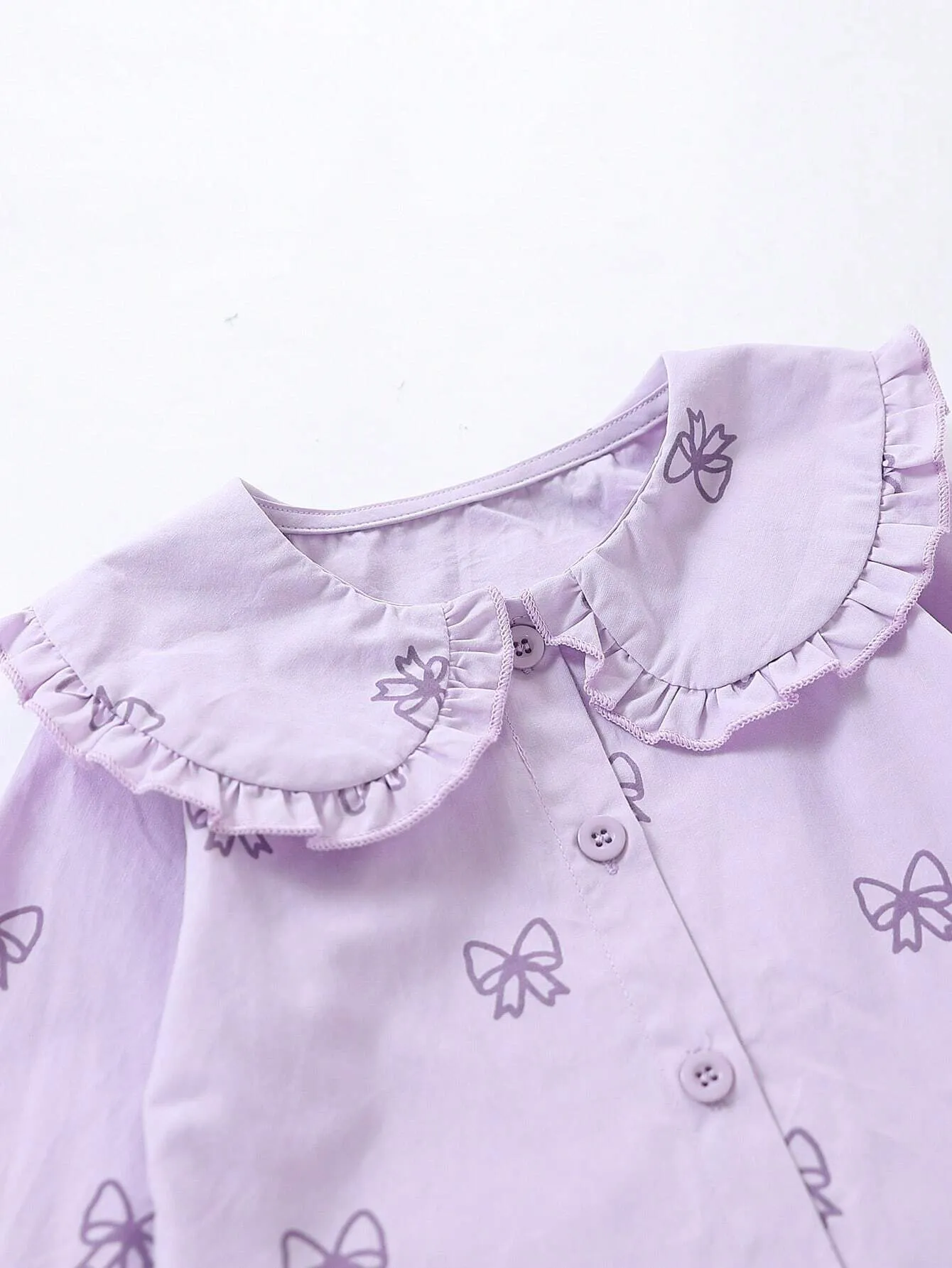 1pc/Set Toddler Girls' Sweet Bow Print Ruffle Collar Long Sleeve Blouse, Spring & Fall