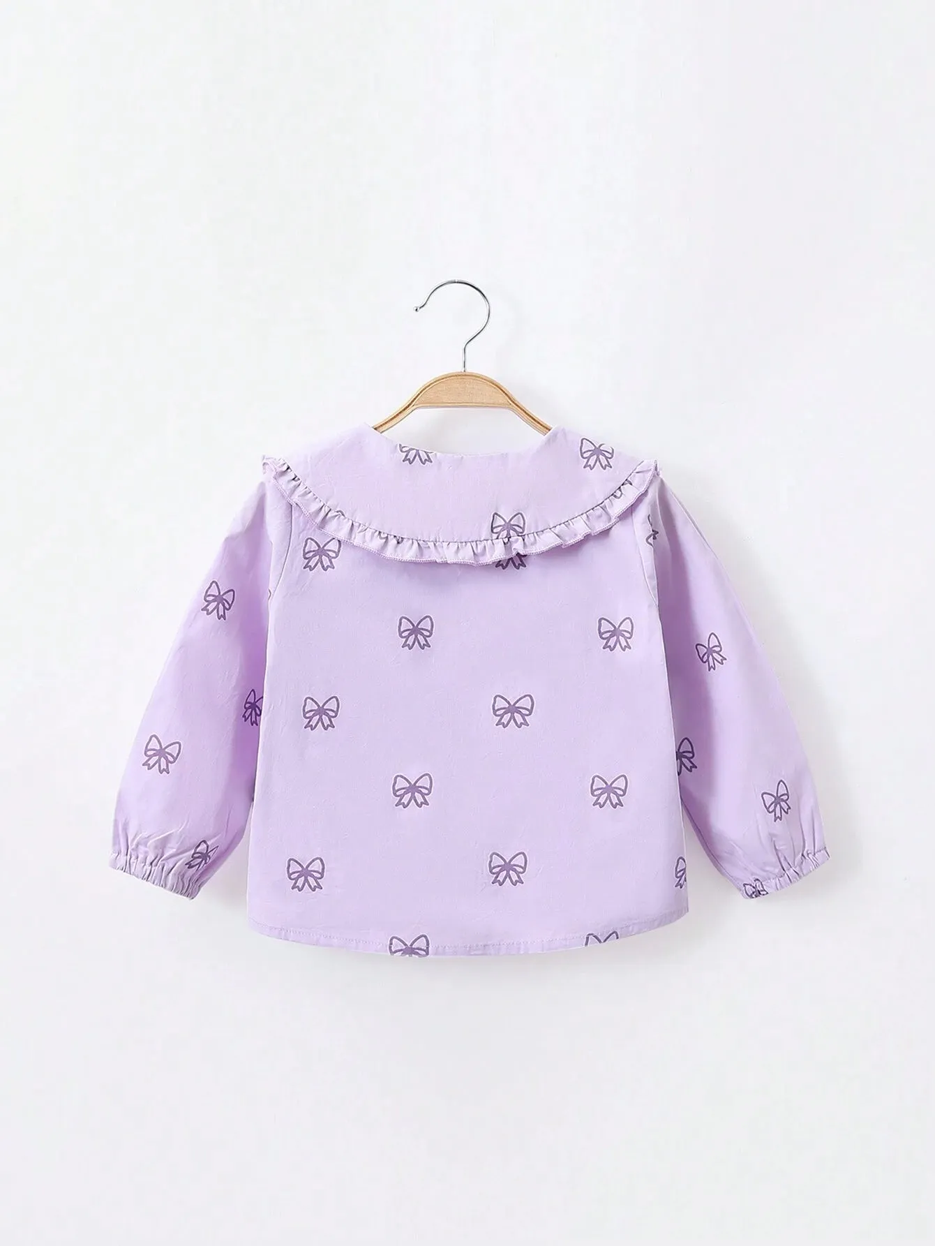 1pc/Set Toddler Girls' Sweet Bow Print Ruffle Collar Long Sleeve Blouse, Spring & Fall