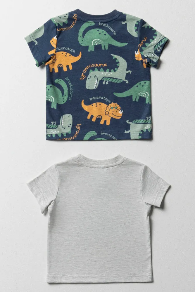 2 Pack Dinosaur Short Sleeve T-Shirts Grey & Navy