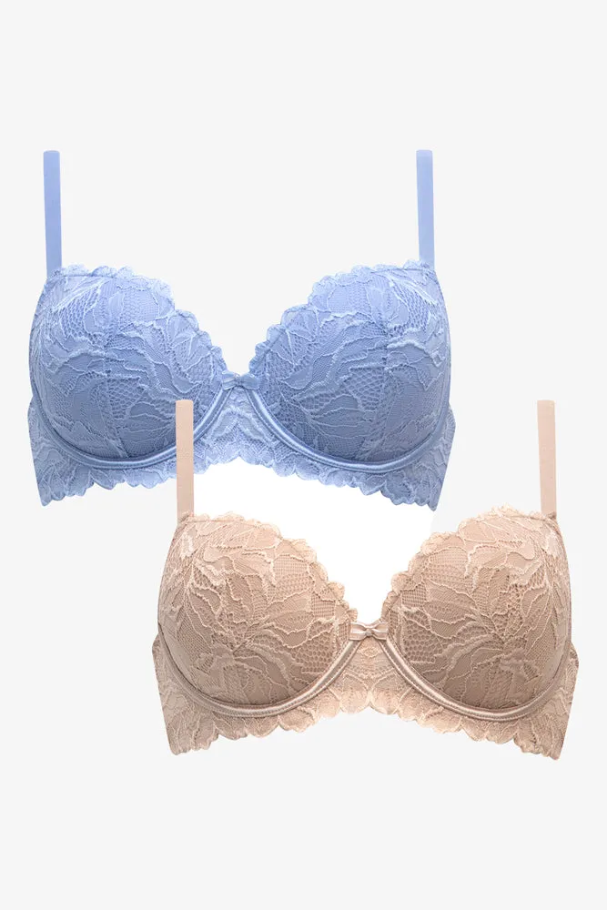 2 Pack Lace Balconette Bras Blue & Natural