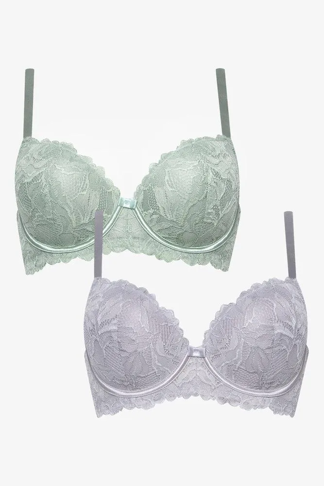 2 Pack Lace Balconette Bras Green & Grey