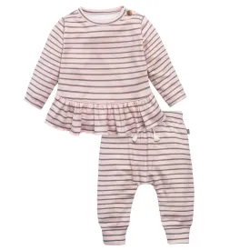 2-Piece Baby Girls Light Pink Stripe Hacci Peplum Top and Joggers Set