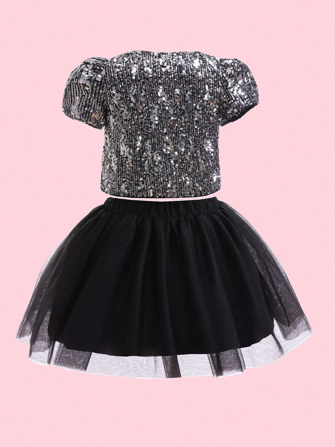 2pcs Girls Vintage Sequined Blouse & Tulle Skirt Set, Elegant Outfit