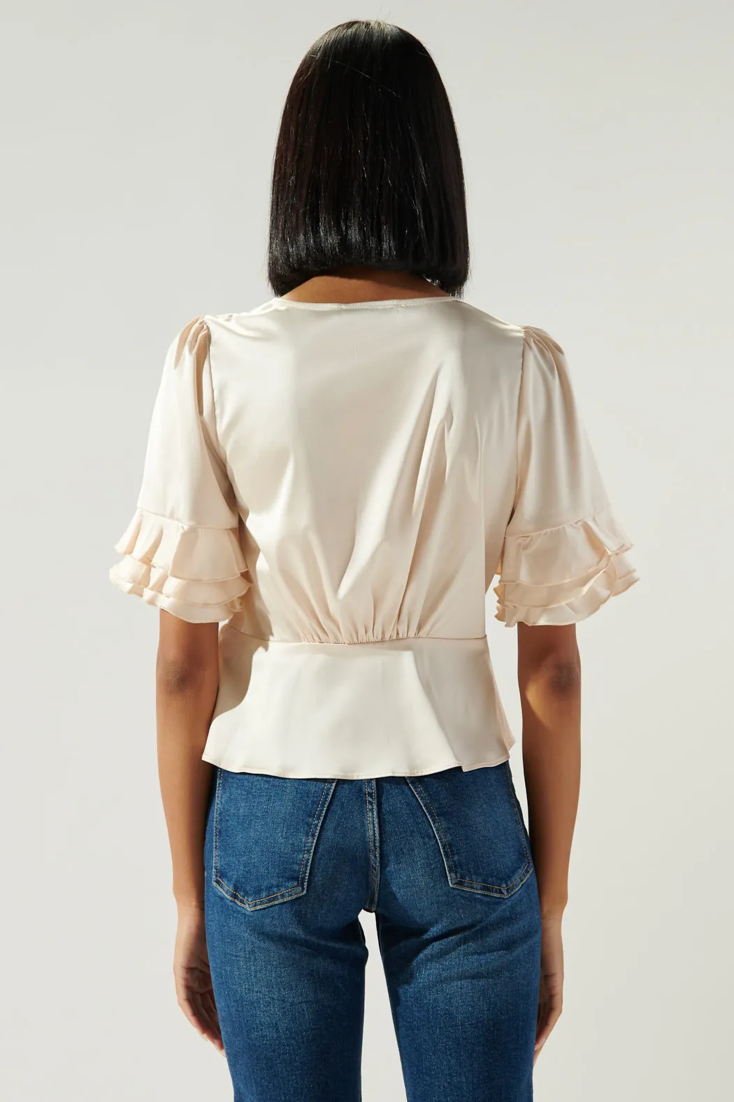 Afterthought Double Breasted Ruffle Sleeve Satin Blouse