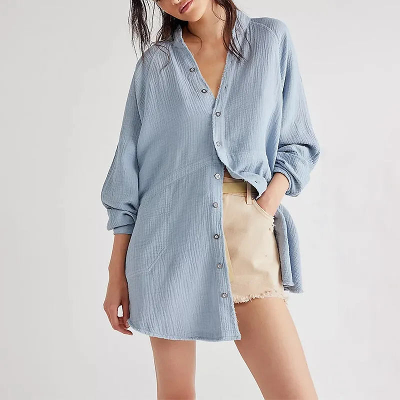 Amy Fashion - Casual Loose 100% Cotton Gauze Shirts