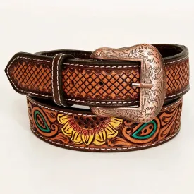 Bar H Equine Sunflower Hand Painted and Tooled Leather Belt