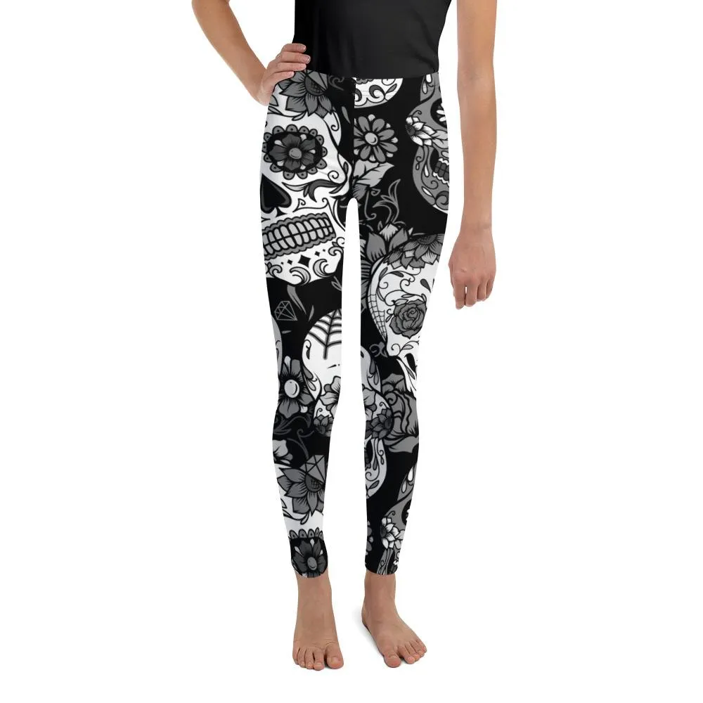 Black & White Sugar Skull Youth Leggings