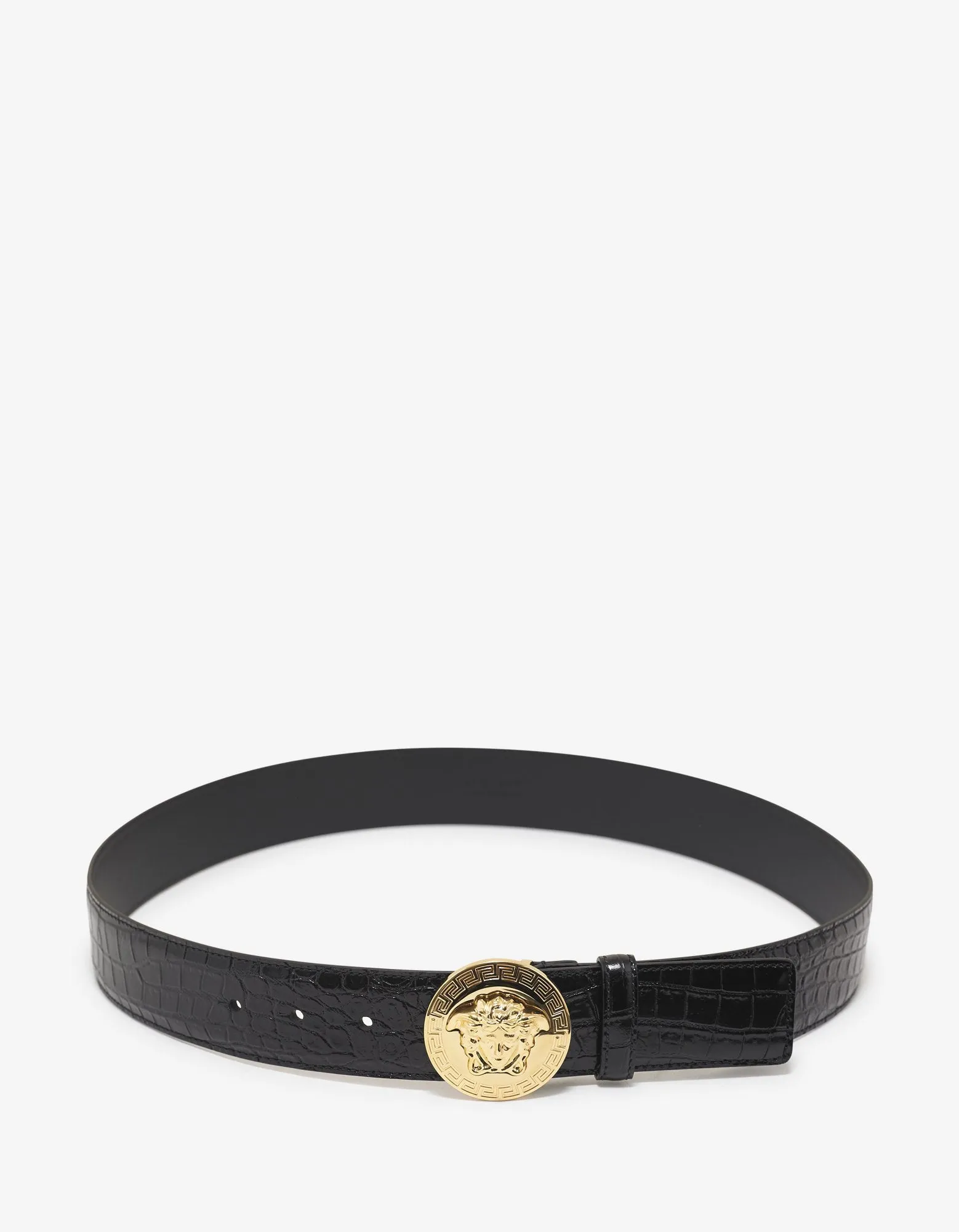 Black Mock Croc Leather Medusa Buckle Belt -