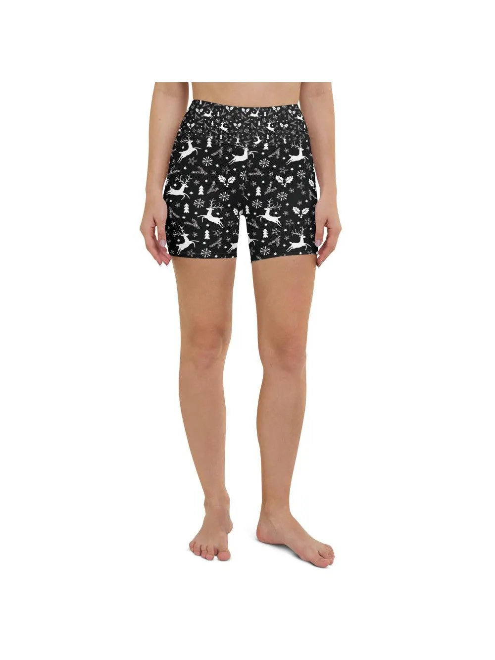 Black Reindeer Christmas Yoga Shorts