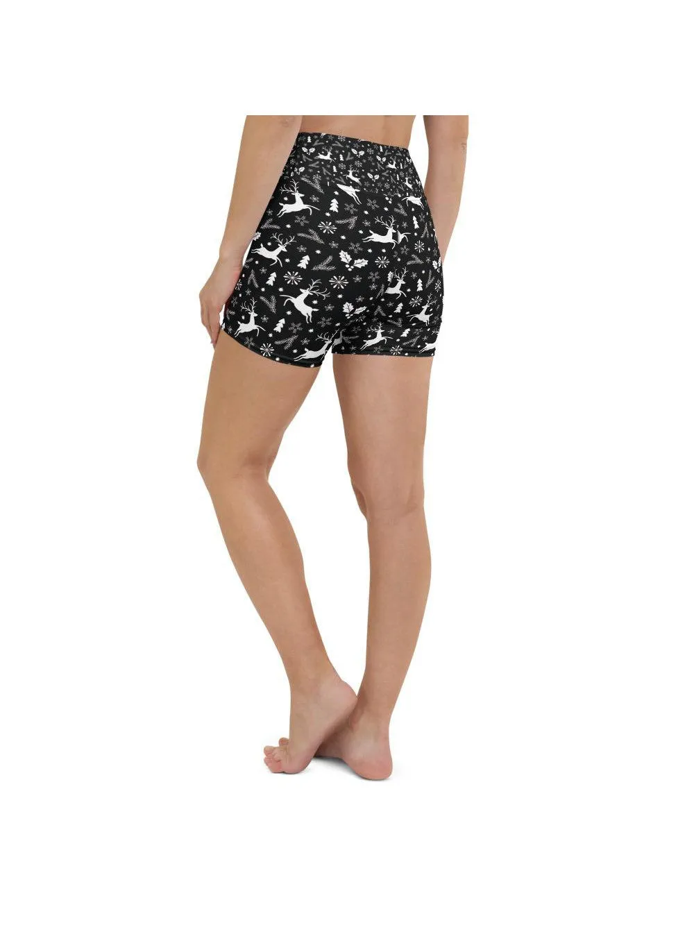 Black Reindeer Christmas Yoga Shorts