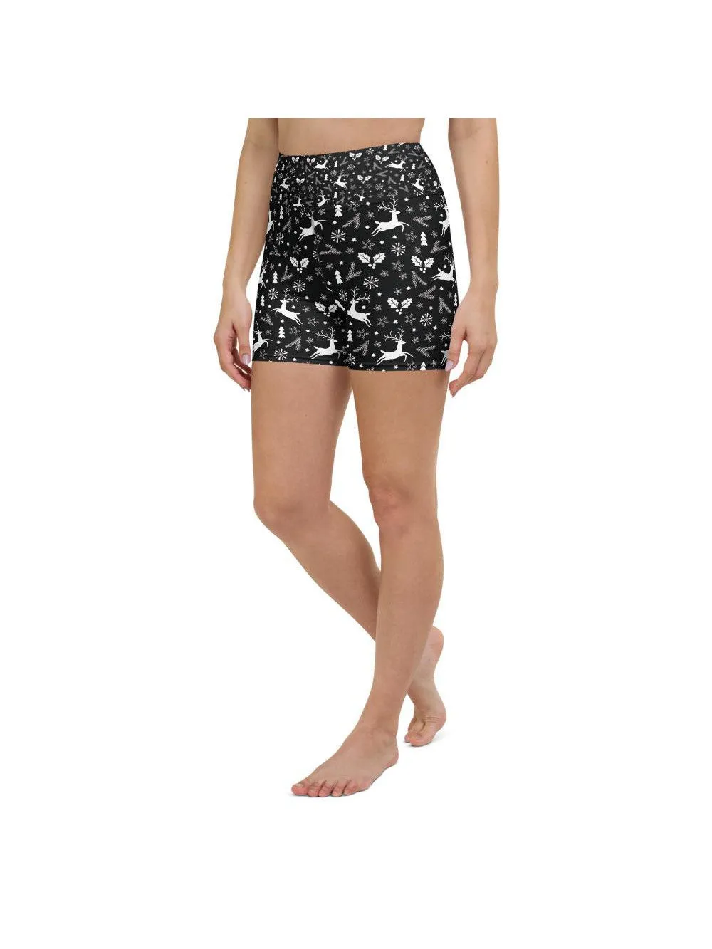 Black Reindeer Christmas Yoga Shorts