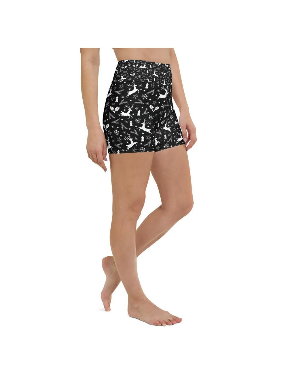 Black Reindeer Christmas Yoga Shorts