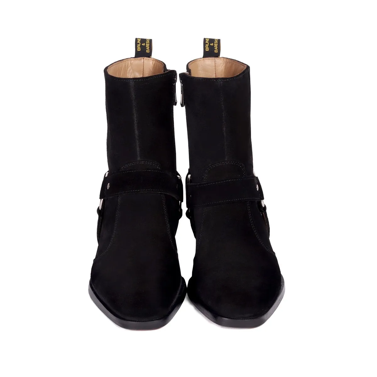 Black Suede Leather Boots Stylish Buckle Strap with Perfect Cuban Heel Side Zipper