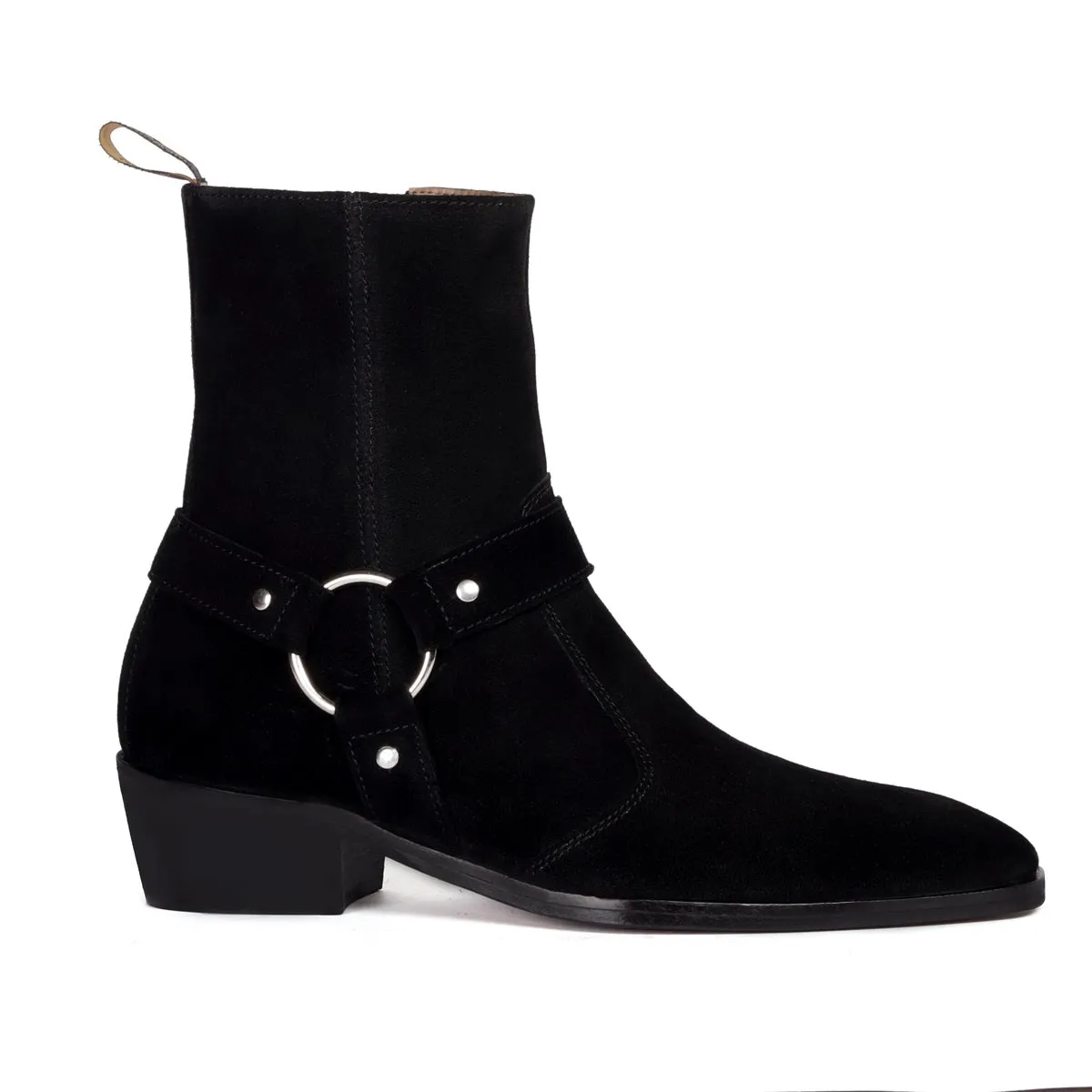 Black Suede Leather Boots Stylish Buckle Strap with Perfect Cuban Heel Side Zipper