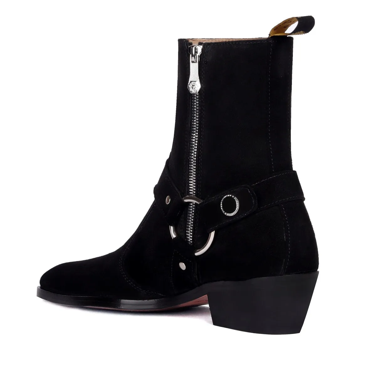 Black Suede Leather Boots Stylish Buckle Strap with Perfect Cuban Heel Side Zipper