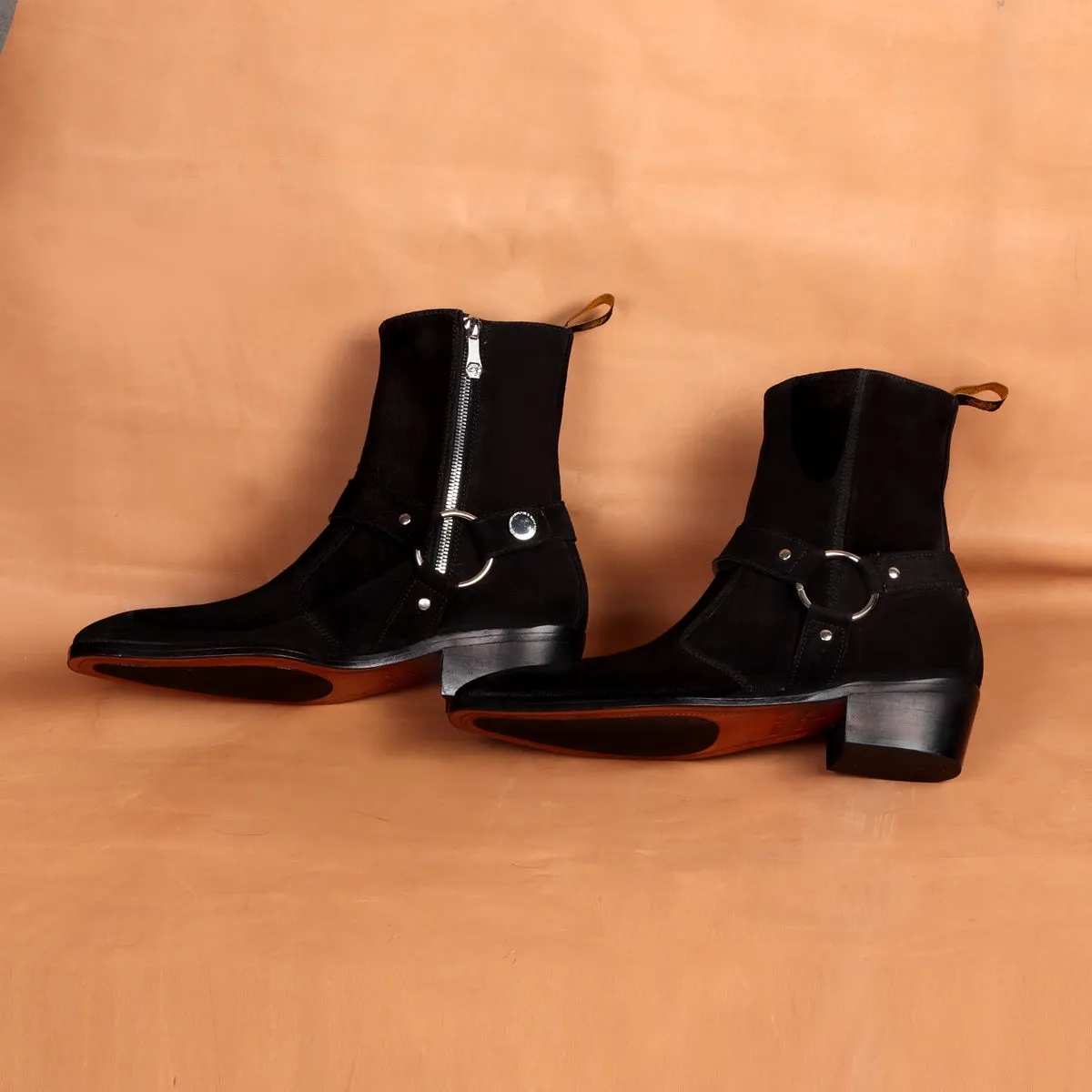 Black Suede Leather Boots Stylish Buckle Strap with Perfect Cuban Heel Side Zipper