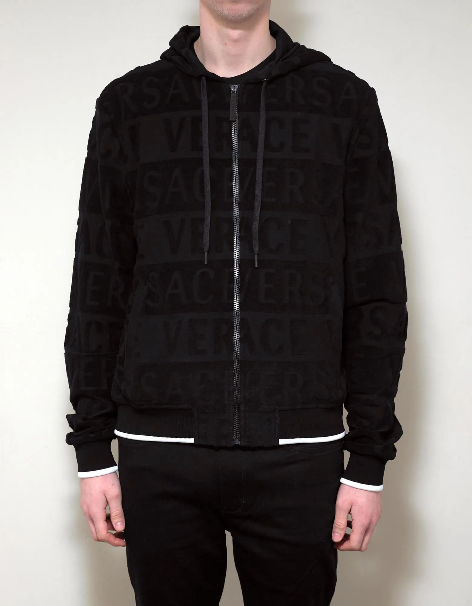 Black Towelling Logo Zip Hoodie -