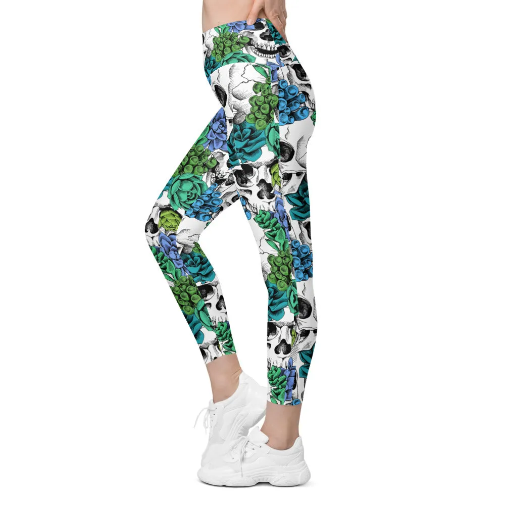 Blue Floral Skulls Leggings with Pockets