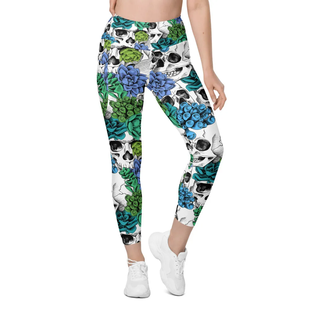 Blue Floral Skulls Leggings with Pockets