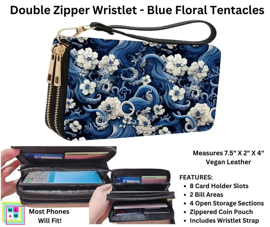 Blue Floral Tentacles Double Zipper Wristlet by ML&M!