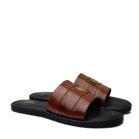 Brown Brush Off Leather Slide-In Slippers with Signature Metal Lion