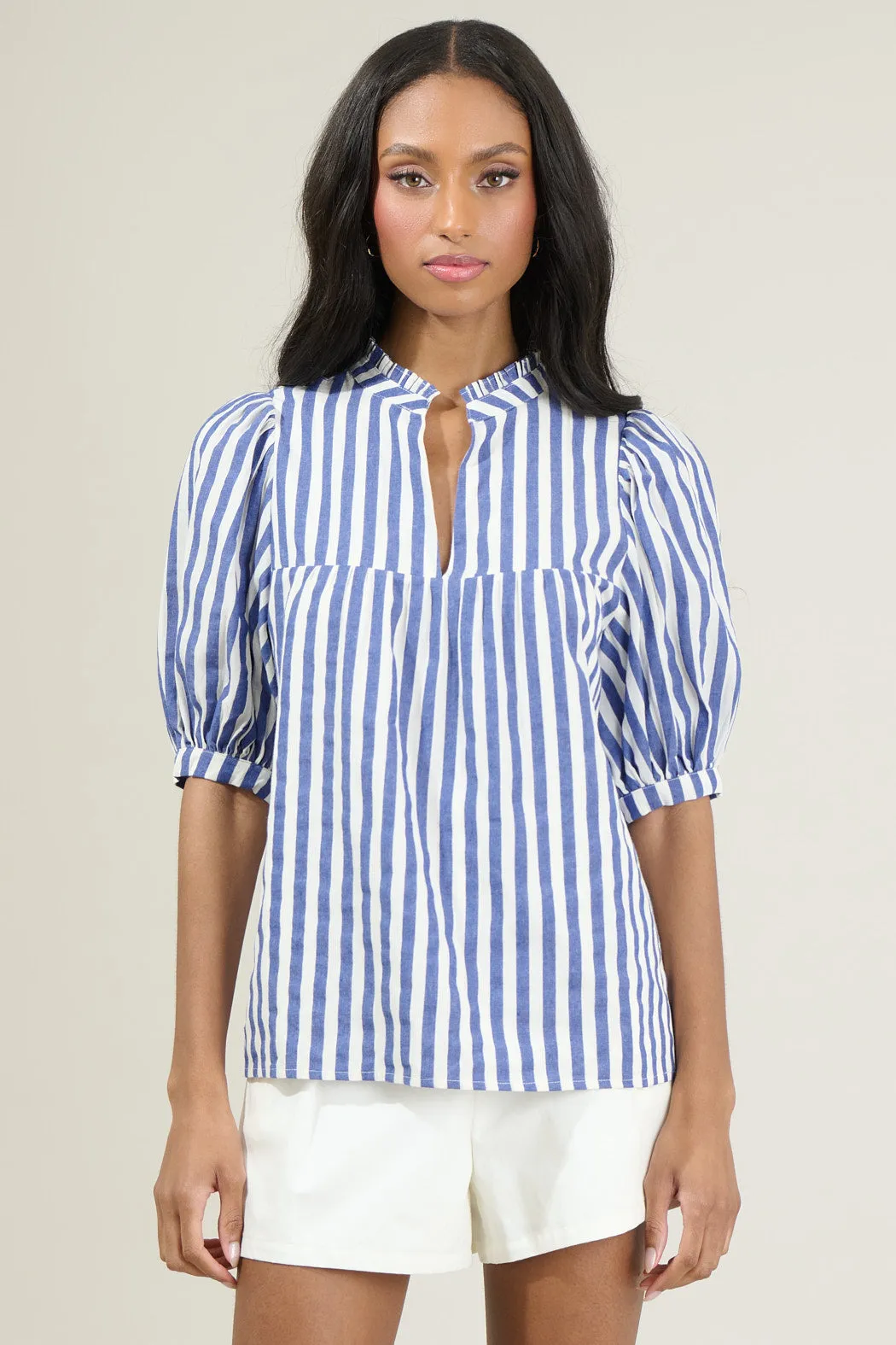 Catana Striped Delano Ruffle Split Neck Blouse