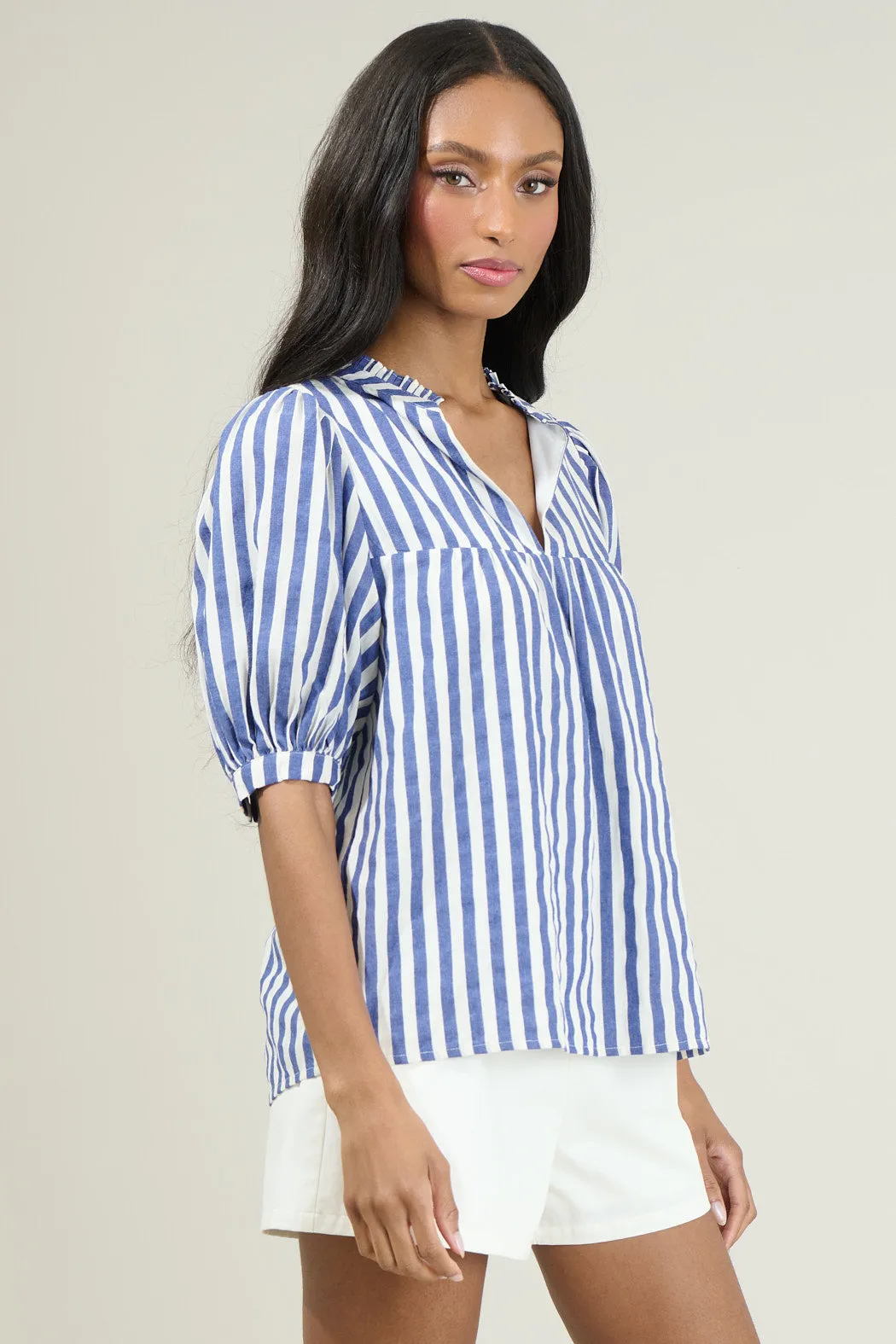 Catana Striped Delano Ruffle Split Neck Blouse