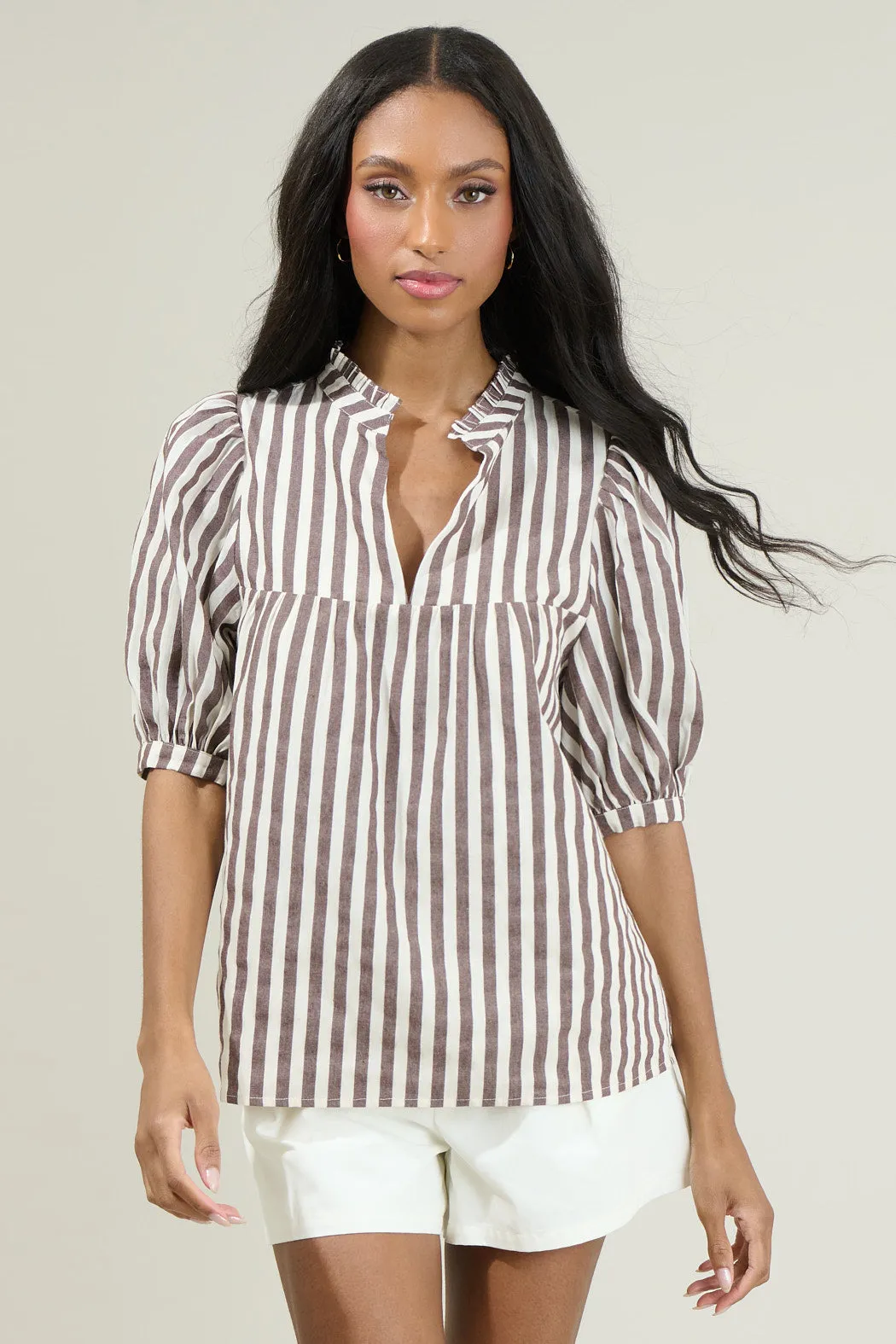 Catana Striped Delano Ruffle Split Neck Blouse