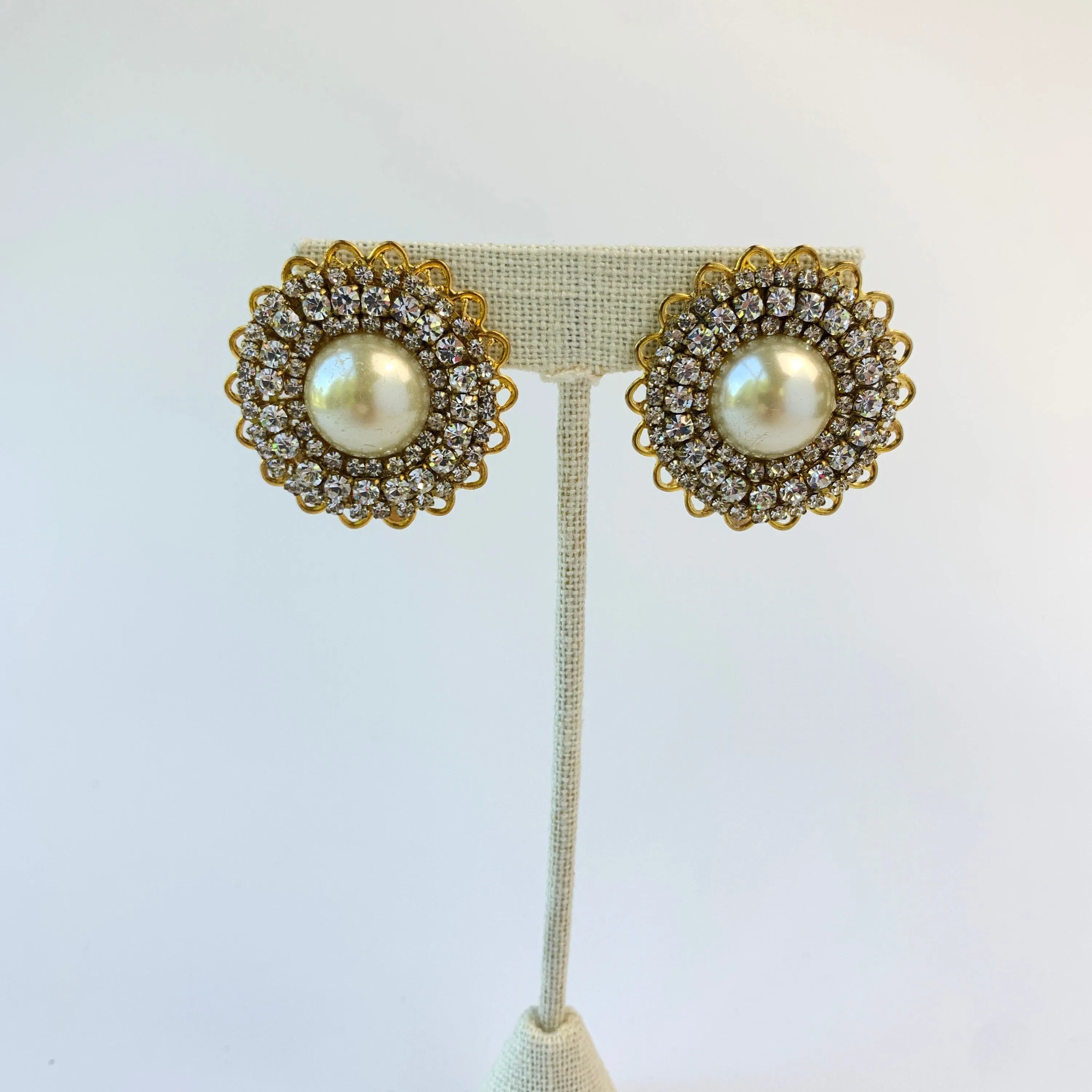 Crystal Rhinestone and Pearl Clip On Earrings