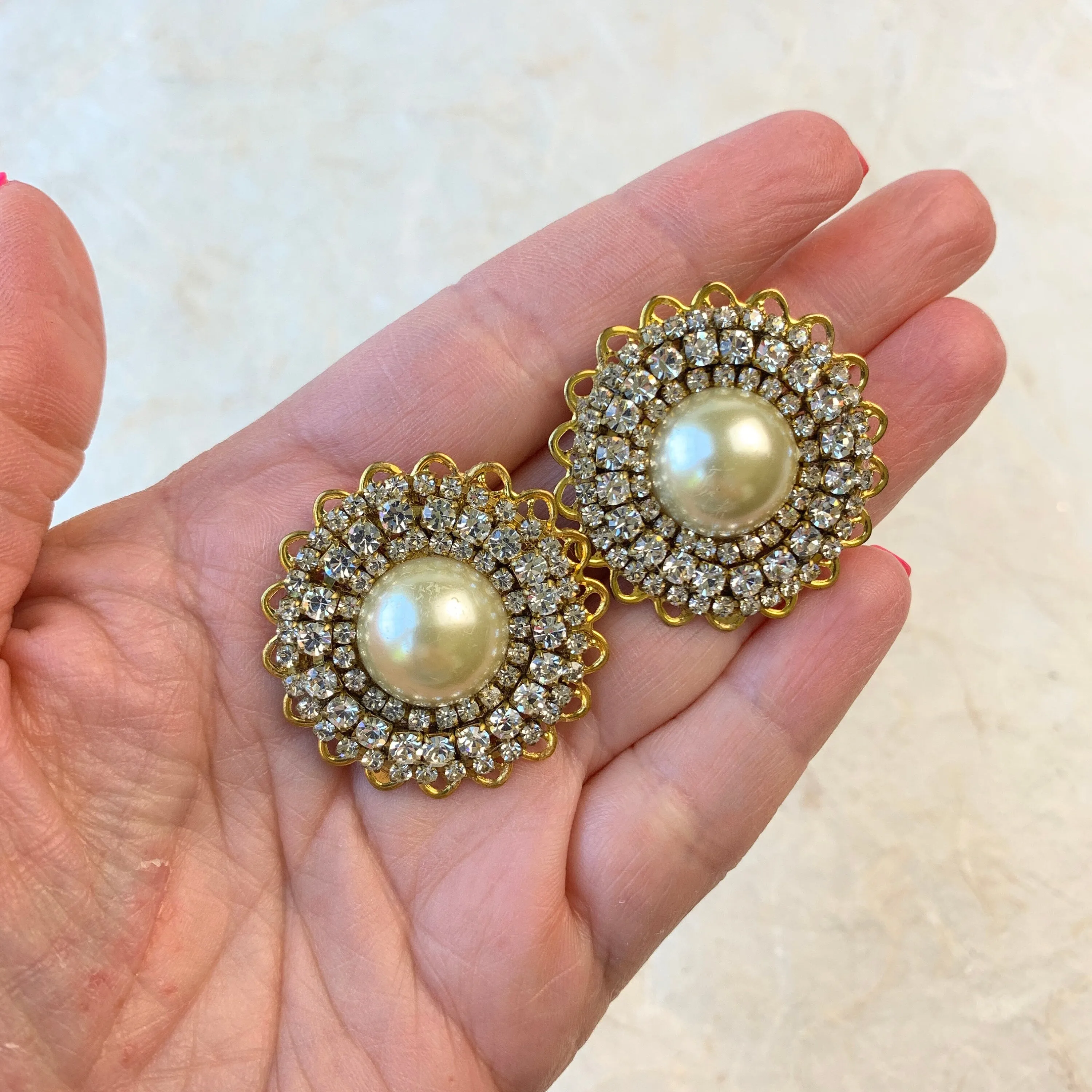 Crystal Rhinestone and Pearl Clip On Earrings