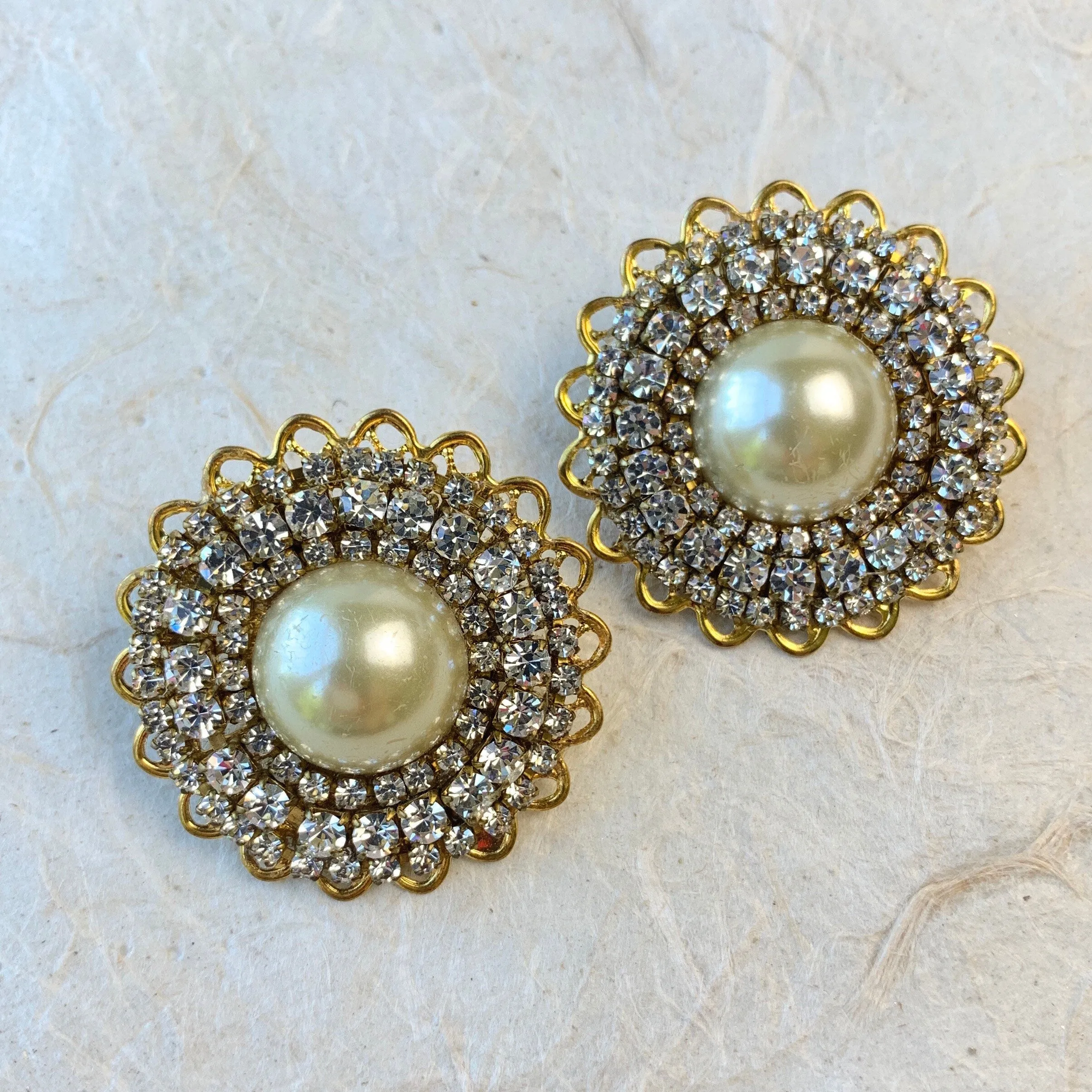 Crystal Rhinestone and Pearl Clip On Earrings