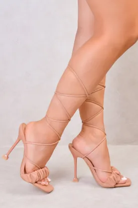 ELLA LACE UP RUCHED STRAP HEELS IN ROSE PINK FAUX LEATHER