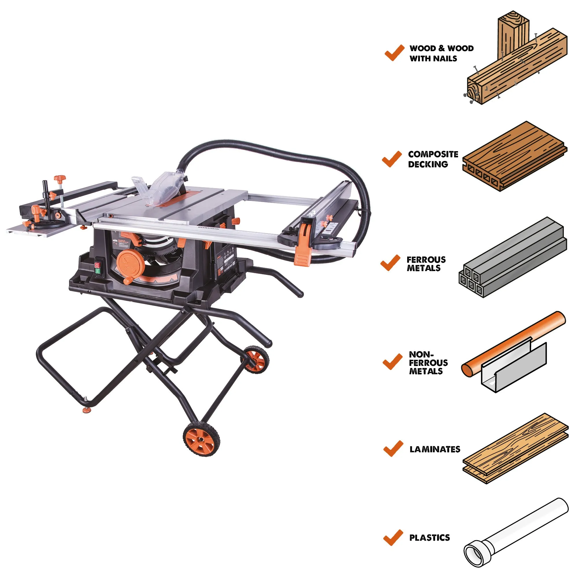 Evolution RAGE5-S: PRO Jobsite Table Saw With Foldable Stand and 10 in. Multi-Material Cutting Blade