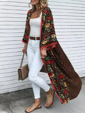 Getadme Fashion Vintage Long Sleeve Blouse Bohemian Women Summer Cardigan Beach Holiday Shirt Long Tops Floral Print Kimono