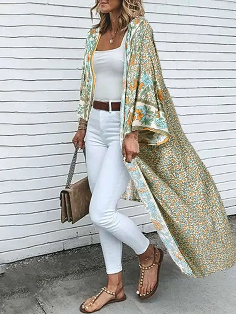 Getadme Fashion Vintage Long Sleeve Blouse Bohemian Women Summer Cardigan Beach Holiday Shirt Long Tops Floral Print Kimono