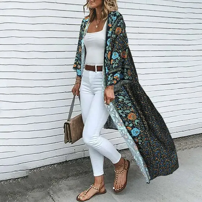 Getadme Fashion Vintage Long Sleeve Blouse Bohemian Women Summer Cardigan Beach Holiday Shirt Long Tops Floral Print Kimono