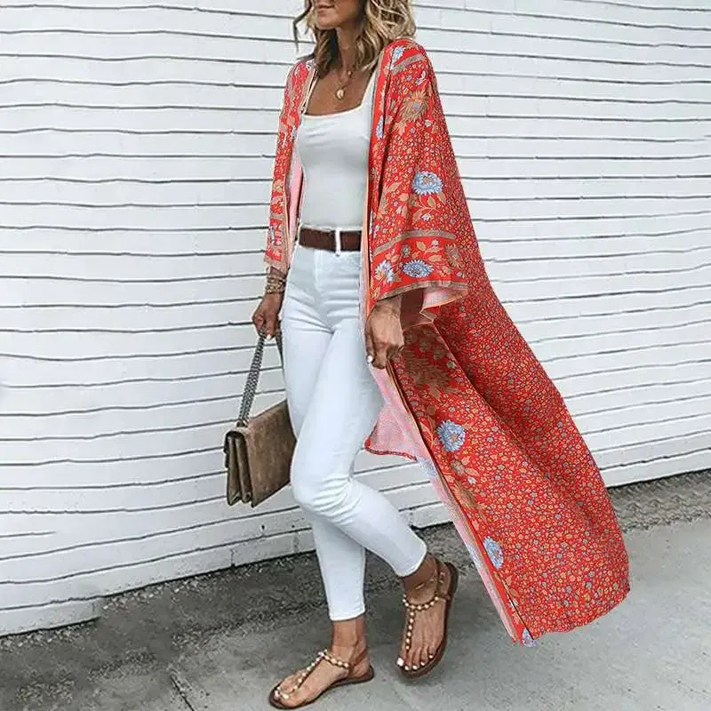 Getadme Fashion Vintage Long Sleeve Blouse Bohemian Women Summer Cardigan Beach Holiday Shirt Long Tops Floral Print Kimono