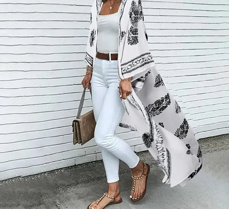 Getadme Fashion Vintage Long Sleeve Blouse Bohemian Women Summer Cardigan Beach Holiday Shirt Long Tops Floral Print Kimono