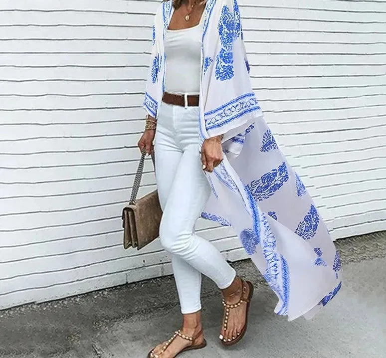 Getadme Fashion Vintage Long Sleeve Blouse Bohemian Women Summer Cardigan Beach Holiday Shirt Long Tops Floral Print Kimono