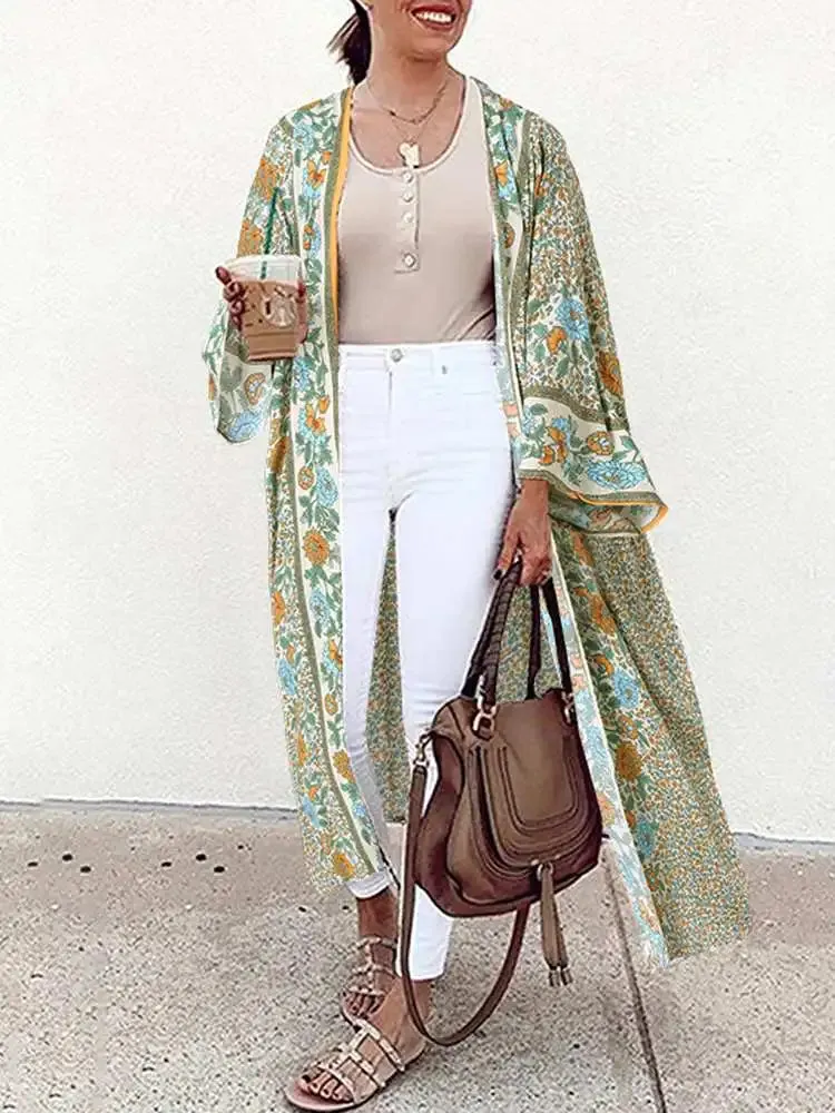 Getadme Fashion Vintage Long Sleeve Blouse Bohemian Women Summer Cardigan Beach Holiday Shirt Long Tops Floral Print Kimono