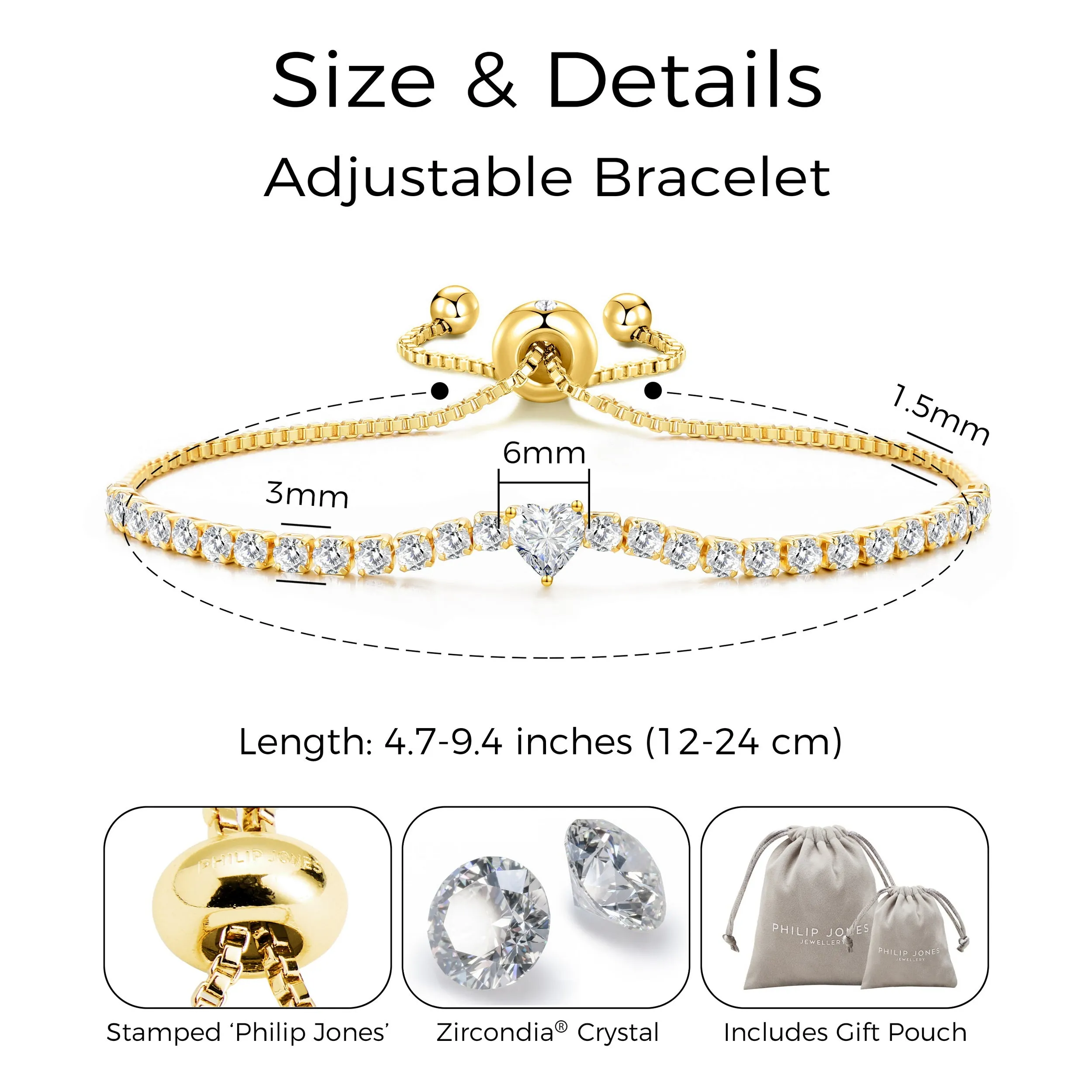 Gold Plated Heart Solitaire Friendship Bracelet Created with Zircondia® Crystals