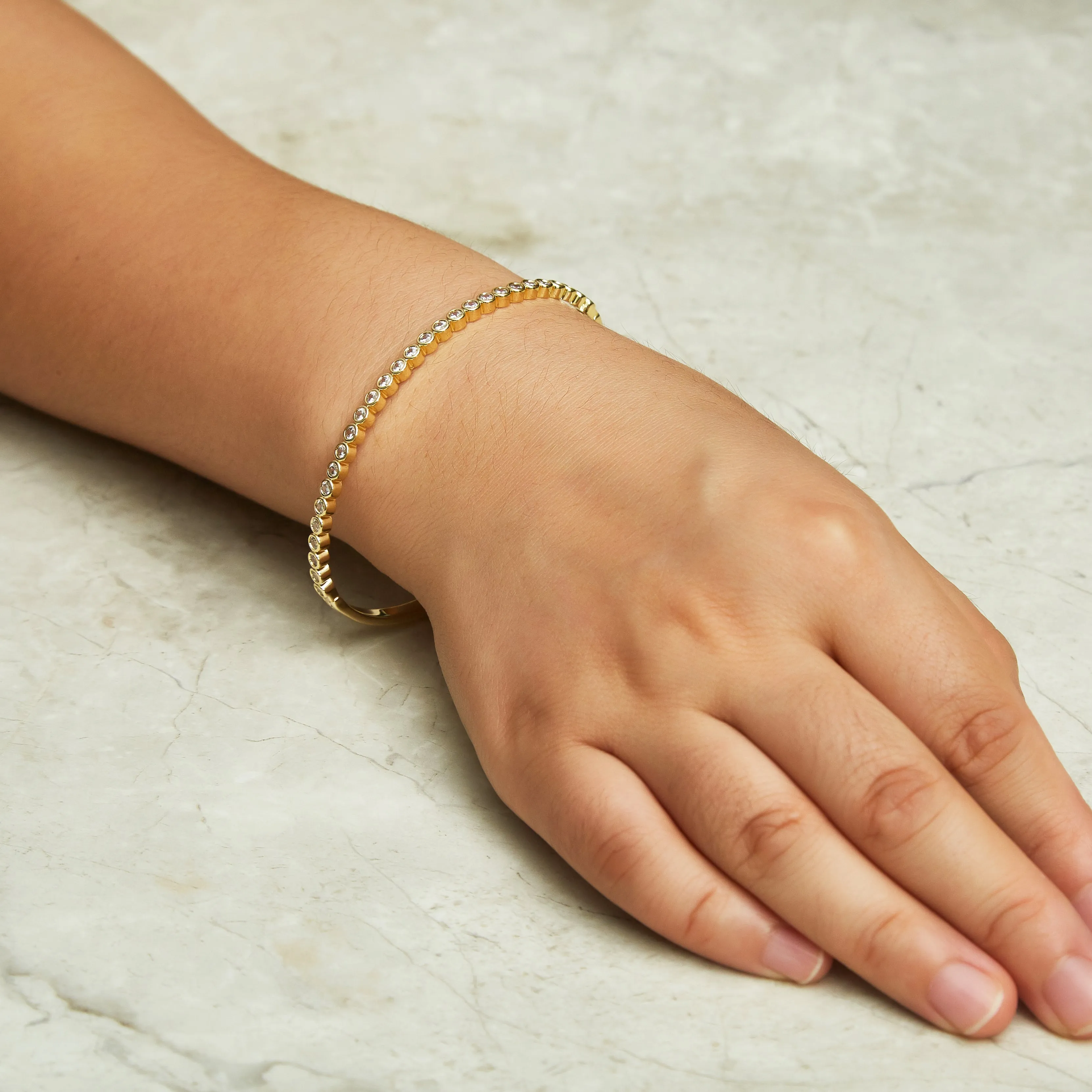 Gold Plated Tennis Bangle Created with Zircondia® Crystals (7 Inch)