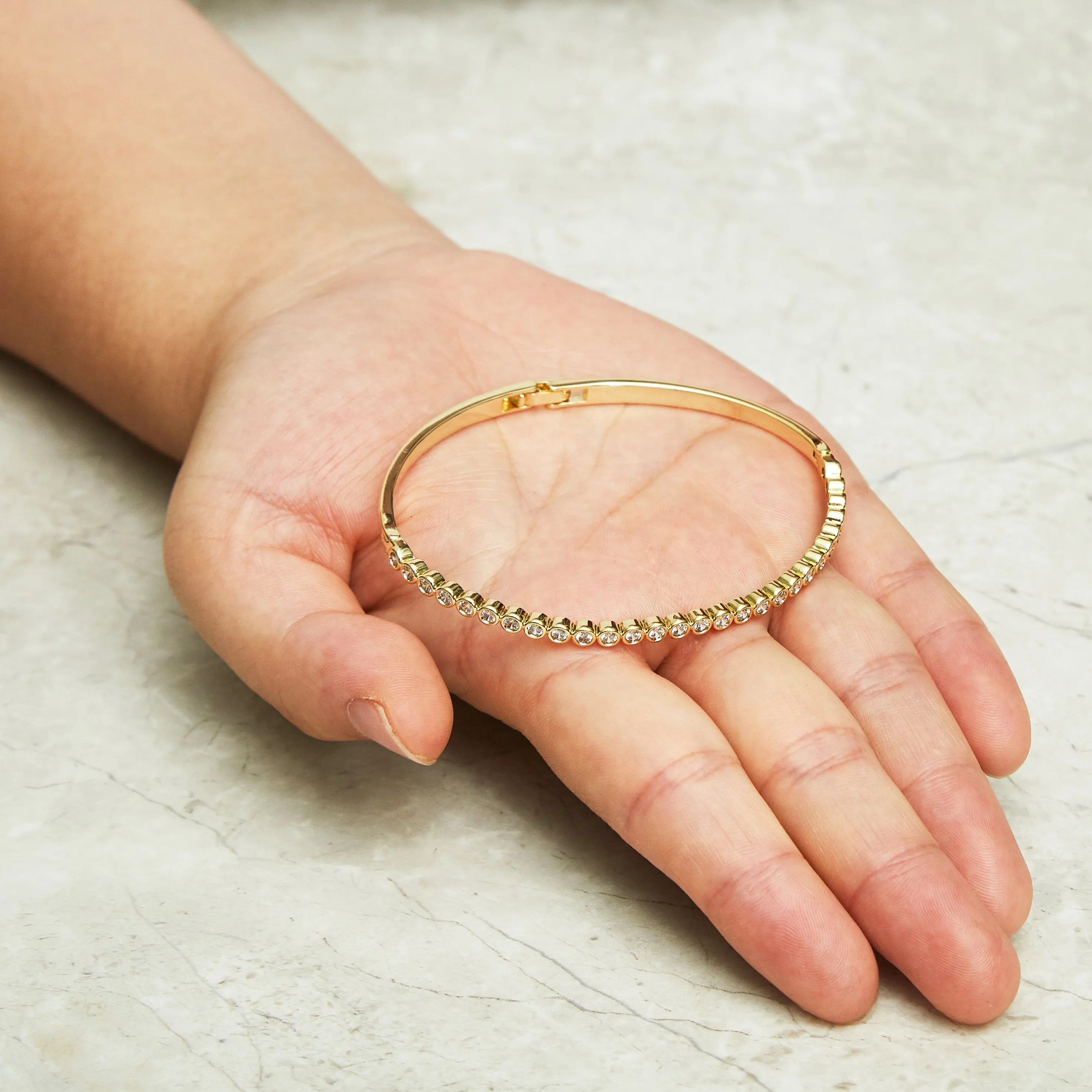 Gold Plated Tennis Bangle Created with Zircondia® Crystals (7 Inch)