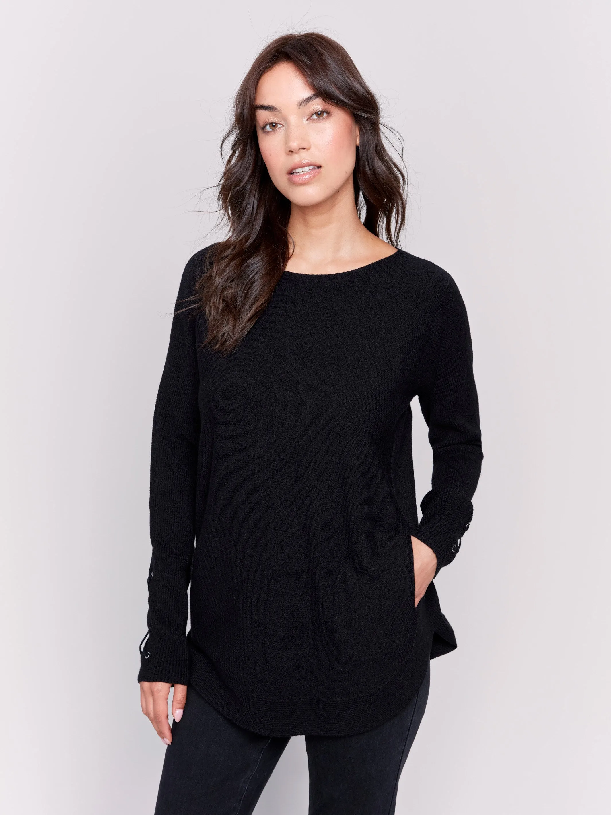 Knit Sweater with Lace-Up Cuffs - Black