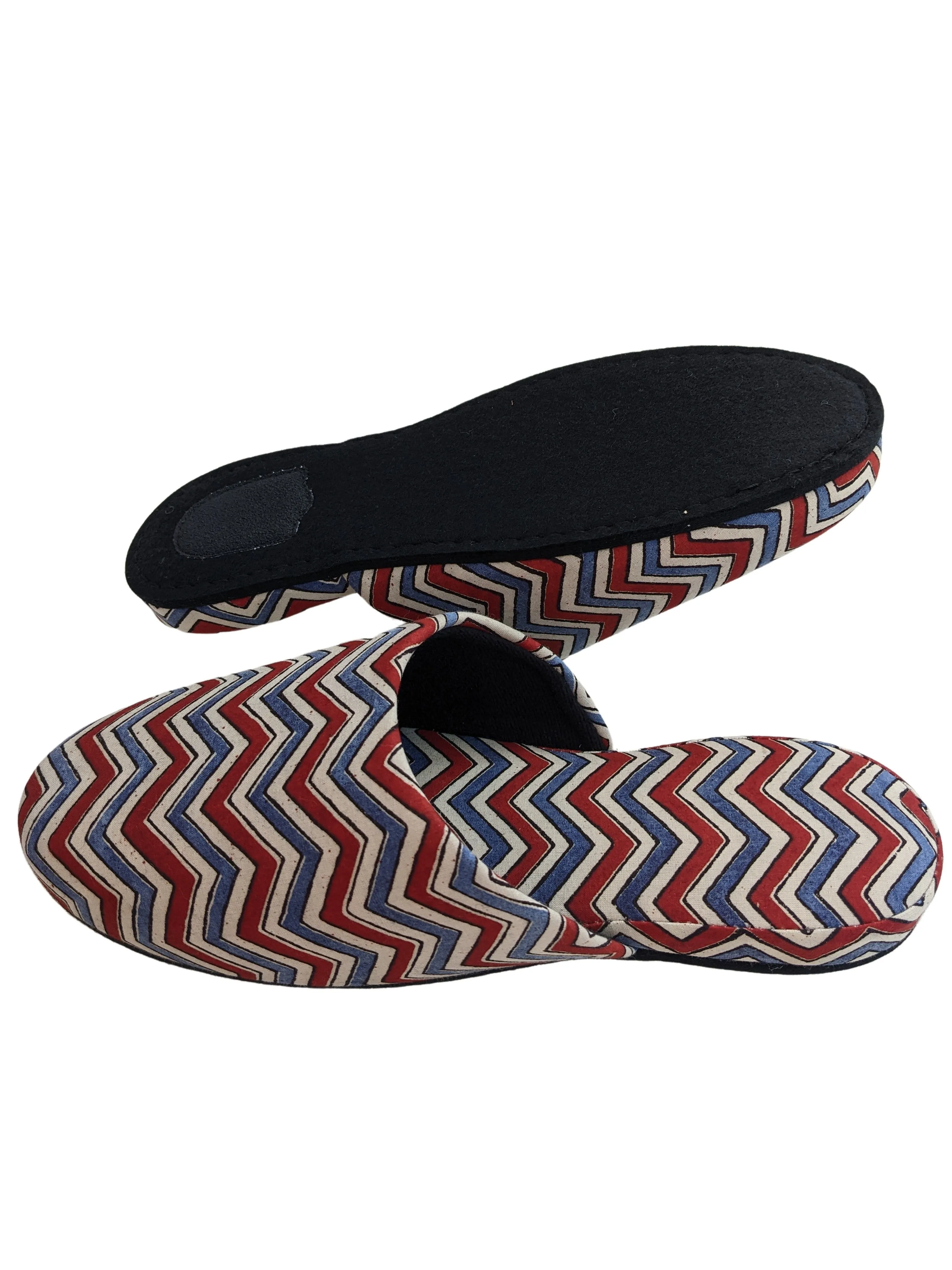 Large Block Printing Flowers Mix Slippers [Black wool felt soles] LF2208 [Size Large] zigzag