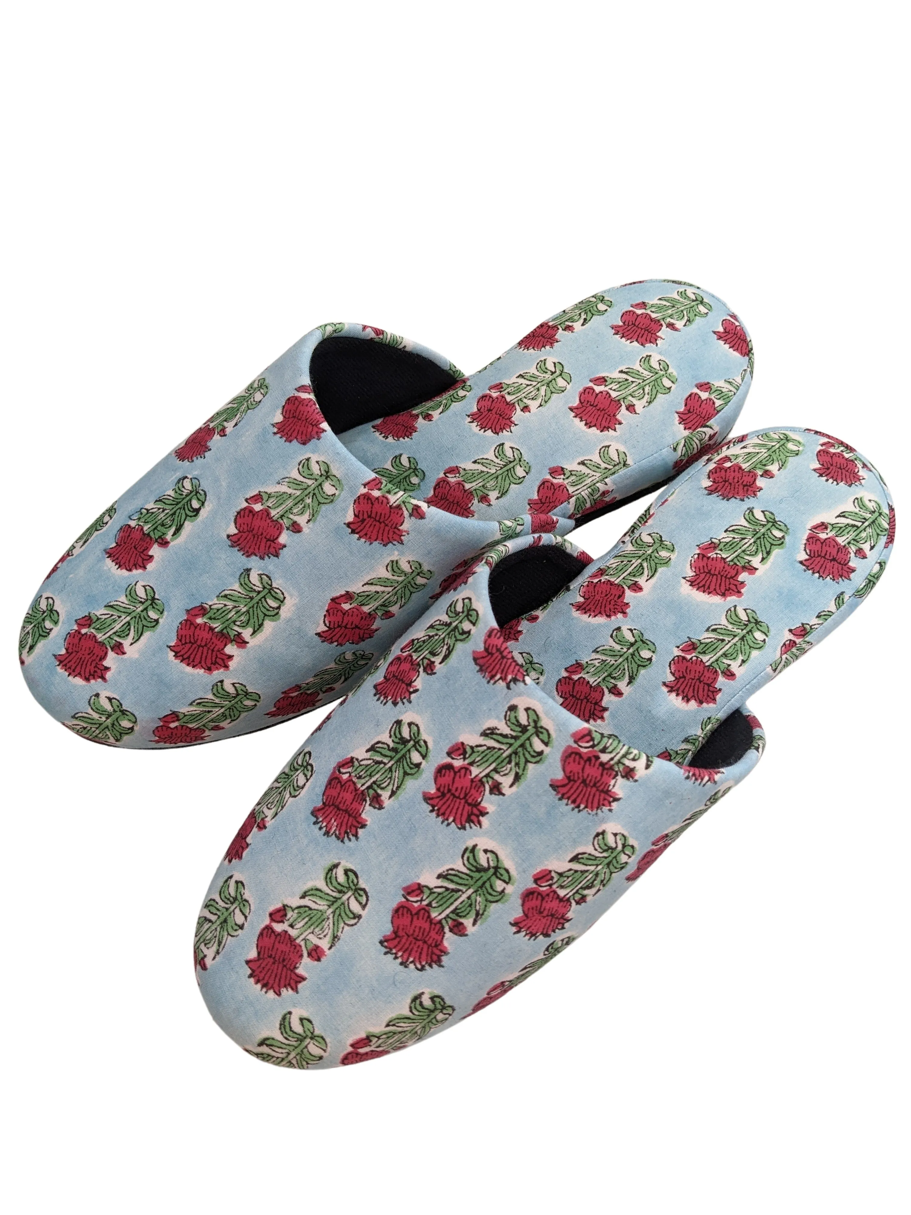 Large Block Printing Flowers Mix Slippers [Black wool felt soles] LF2209  [Size Large]