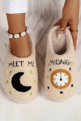 Parchment Moon & Clock Pattern Fuzzy Home Slippers