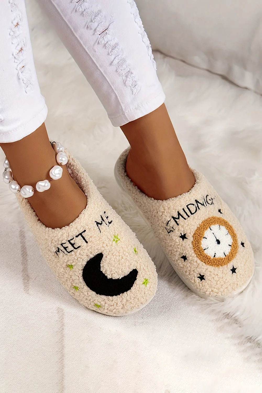 Parchment Moon & Clock Pattern Fuzzy Home Slippers