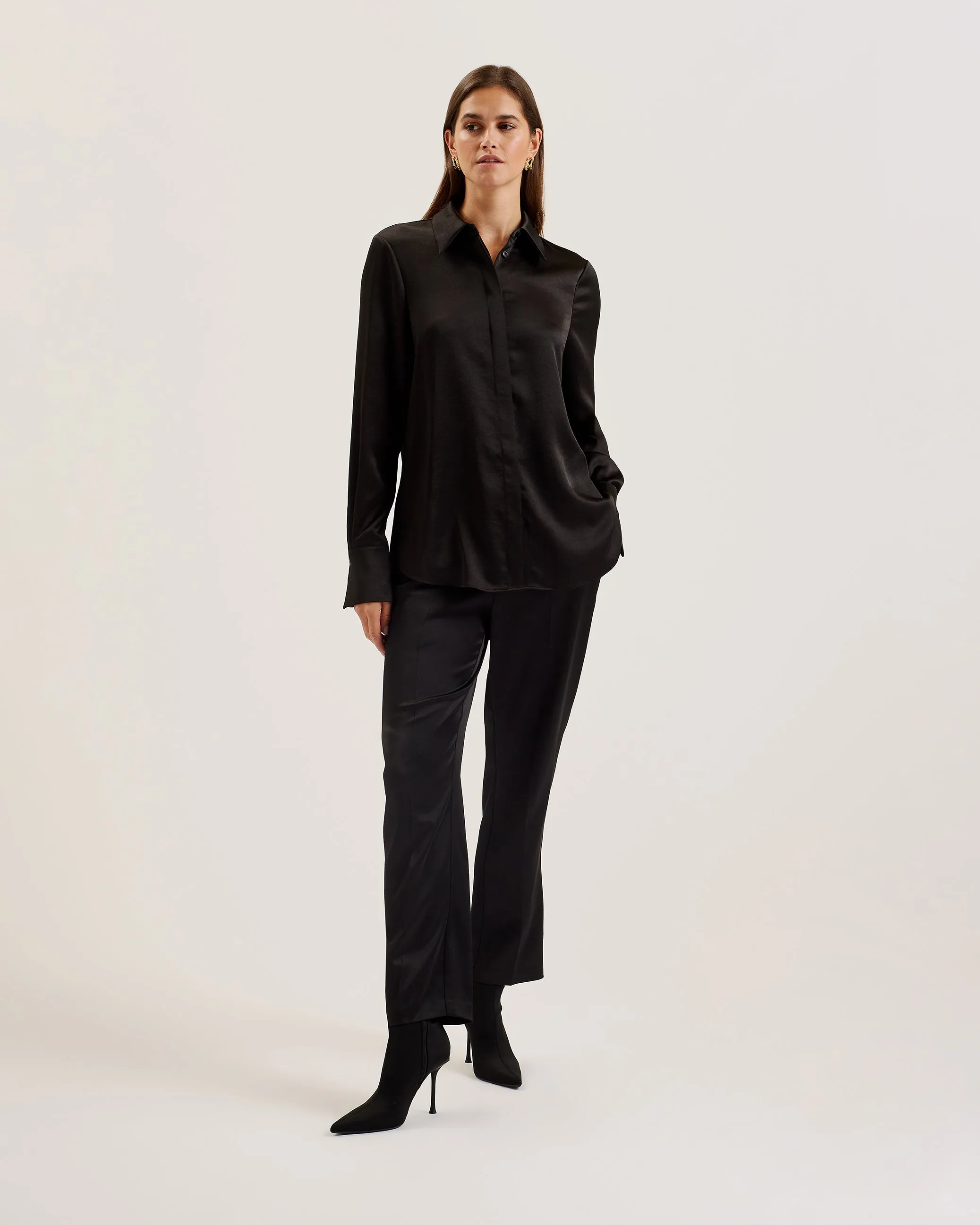 Sonora Long Line Satin Shirt Black